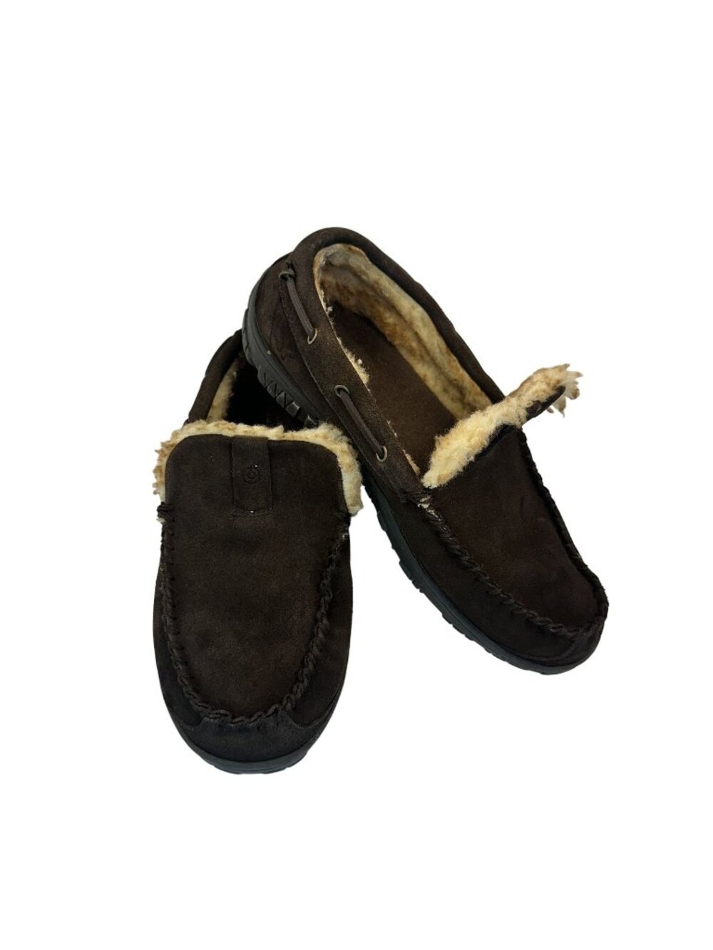 Mens Brown Suede Moccasin Slippers Faux Fur Lining 11M Comfort House Shoes